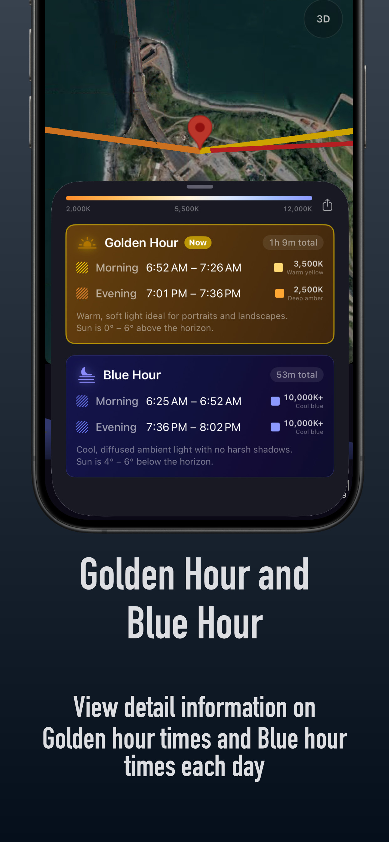 LightPlan app showing golden hour and blue hour times with color temperature, duration, and sun angle details on an interactive map